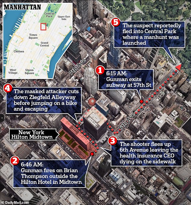 The gunman shot Thompson at close range outside the Hilton Hotel in Midtown, Manhattan before fleeing north toward Central Park on a bicycle.