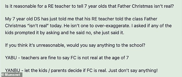 On the British parenting platform Mumsnet, the mother claimed that her son came home from school and revealed that his teacher told him the truth about Santa.