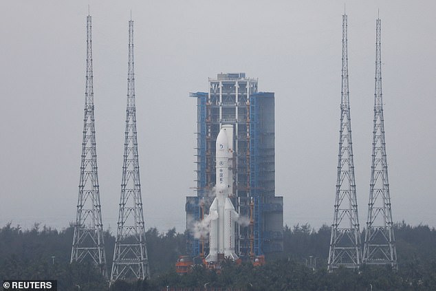 The Chang'e 6 lunar probe and the Long March-5 Y8 carrier rocket combination sit atop the launch pad at the Wenchang space launch site in Hainan province on May 3, 2024.