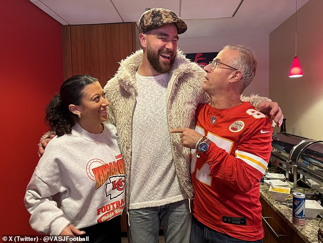 Kelce invited Jeff Rotsky (right), who coached him his senior year, and his daughter Emmie (left) to watch the Chiefs' victory over the Texans from his VIP suite at Arrowhead on Sunday.