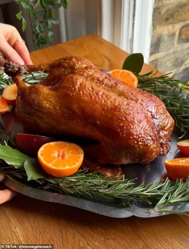 According to Ocado, 33 per cent of Gen Z shoppers said they will cook duck this Christmas (pictured: a roast 'festive duck' on TikTok)