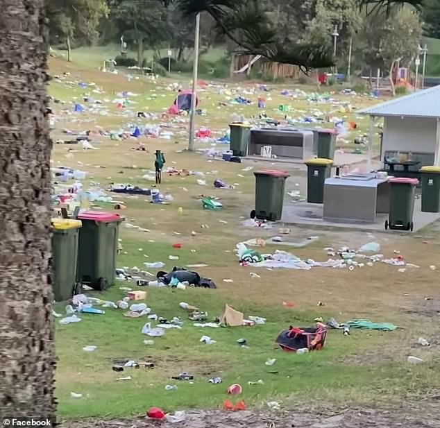 One of Sydney's most iconic eastern beaches has once again been vandalized by thousands of Christmas Day revelers (pictured: just some of the mess left behind this year)