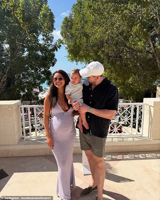 The former Love Island star, 29, who is expecting her second child with fiancé Mark O'Connor, showed off her growing bump in a chic lilac crochet dress as she took a sweet family photo.