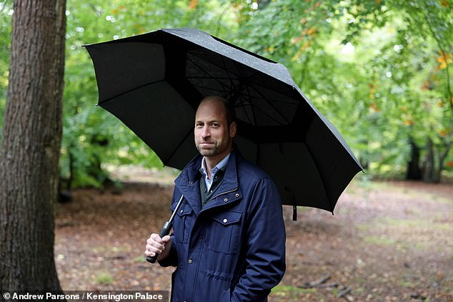 William, 42, is dressed casually in a practical blue jacket for the introductory sequence of the documentary, which is filmed in a forest.