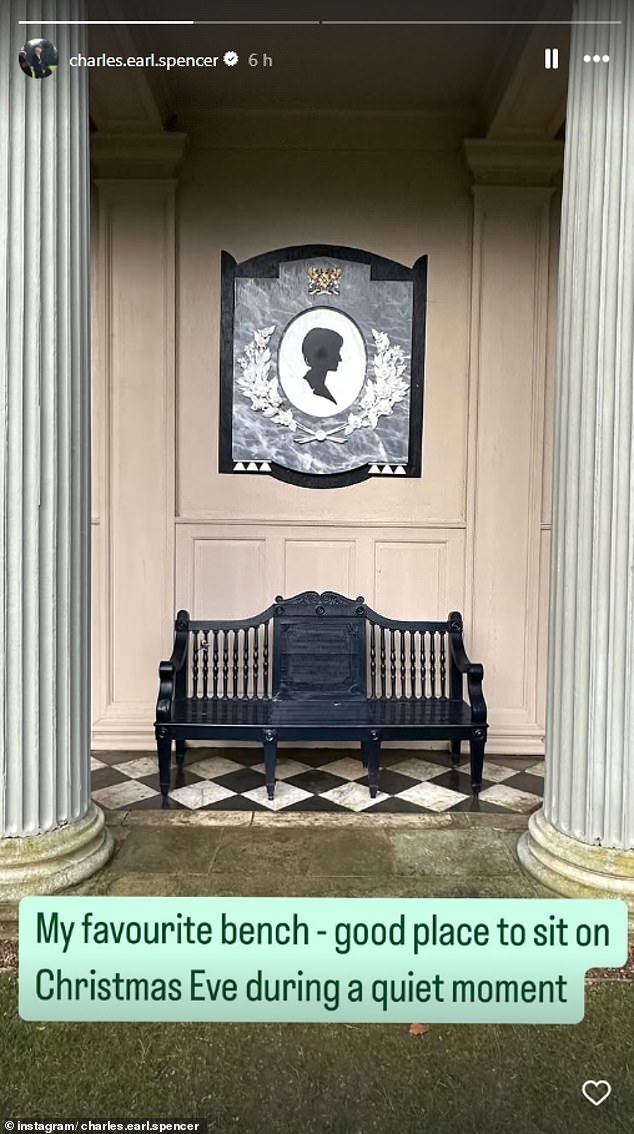 Charles posted a photo of a large black bench placed beneath his monument and wrote that it was the perfect place to take a break. 