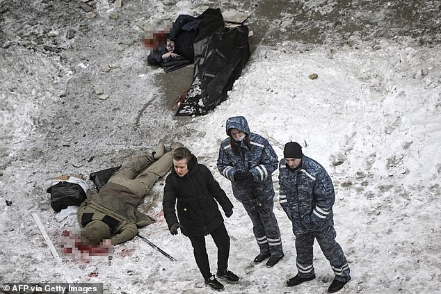 Bodies are seen at the site of the explosion, in which the commander of the chemical, biological and radiological defense troops of the Russian armed forces, Igor Kirillov, and his assistant were killed.