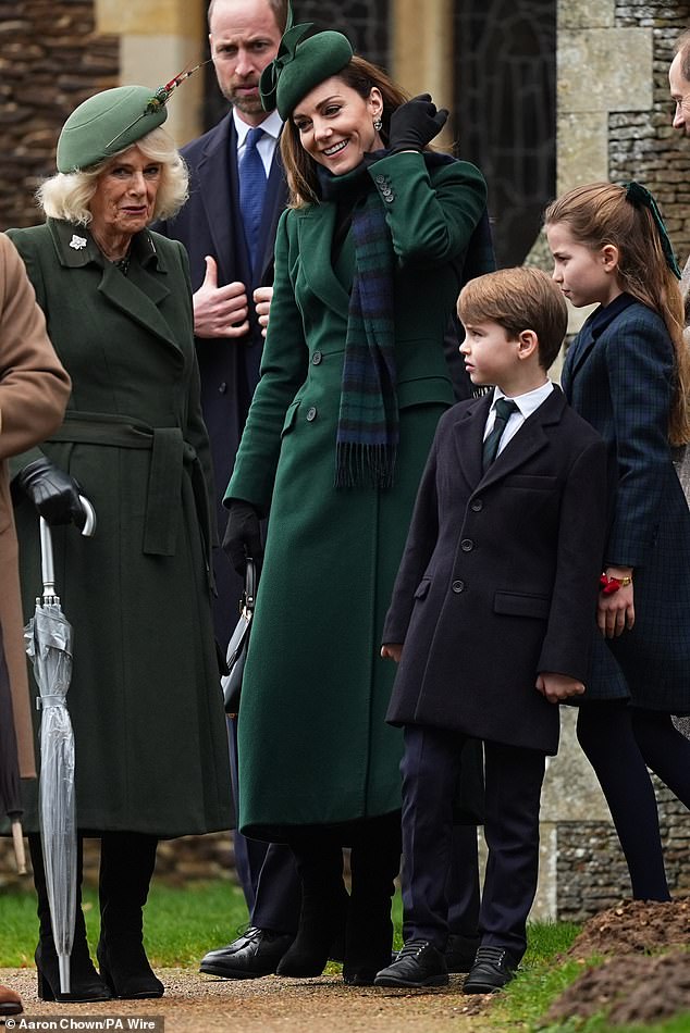 (Left to right): Queen Camilla, the Prince and Princess of Wales, along with Prince Louis and Princess Charlotte