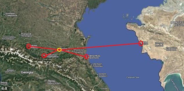 After Russian air defense hit an Azeri aircraft over Grozny (yellow circle), it requested an emergency landing. Russia rejected landings at the airports of Nalchik, Vladikavkaz and Makhachkala (red circles), but diverted them to Kazakhstan via the Caspian Sea.