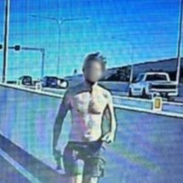 The driver (pictured) of the hatchback, wearing nothing but black shorts, got out of the car and walked towards Mr Turnbull's ute carrying what appeared to be a bong in one hand.