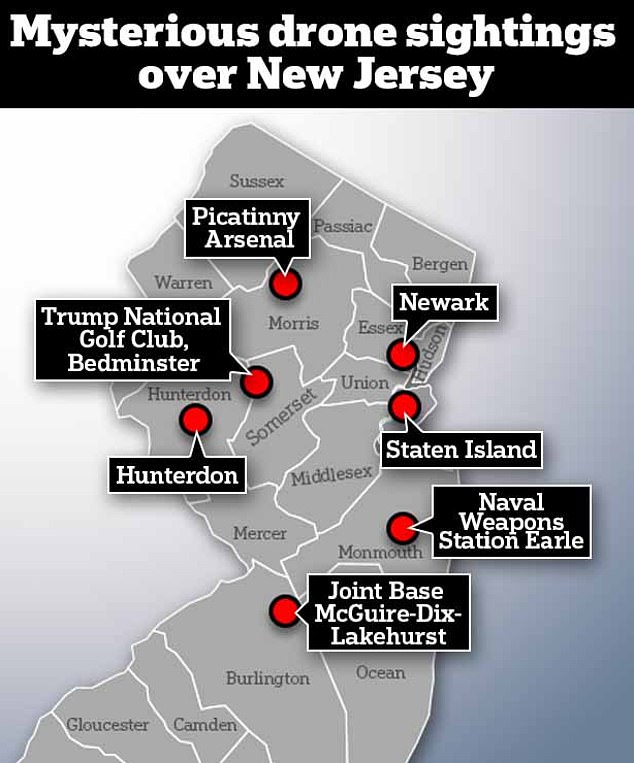 Monmouth County is home to Naval Weapons Station Earle, a naval base. Experts have mused that foreign powers could be targeting areas like this that host intelligence and weapons bases. (Pictured: Points of interest in New Jersey where drones have been spotted overhead)