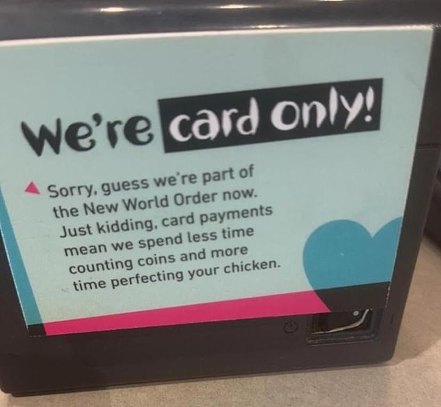 The incident is believed to have been sparked by the South Africa-based takeaway chain's decision to go cashless earlier this year (pictured, signs in store)