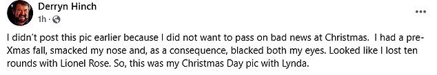 On Facebook, Derryn revealed that he suffered a fall just days before Christmas, but waited until Boxing Day to reveal his injuries because he didn't want to share 