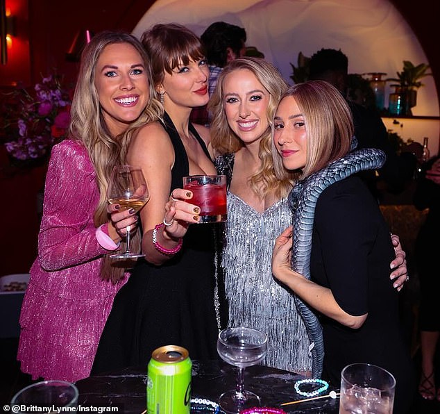 Avignone (R) also recently supported Swift at her own birthday party, an Eras Tour-themed bash hosted by Kelce; They are seen with Chiefs WAG Lyndsay Bell (L) and Brittany Mahomes.