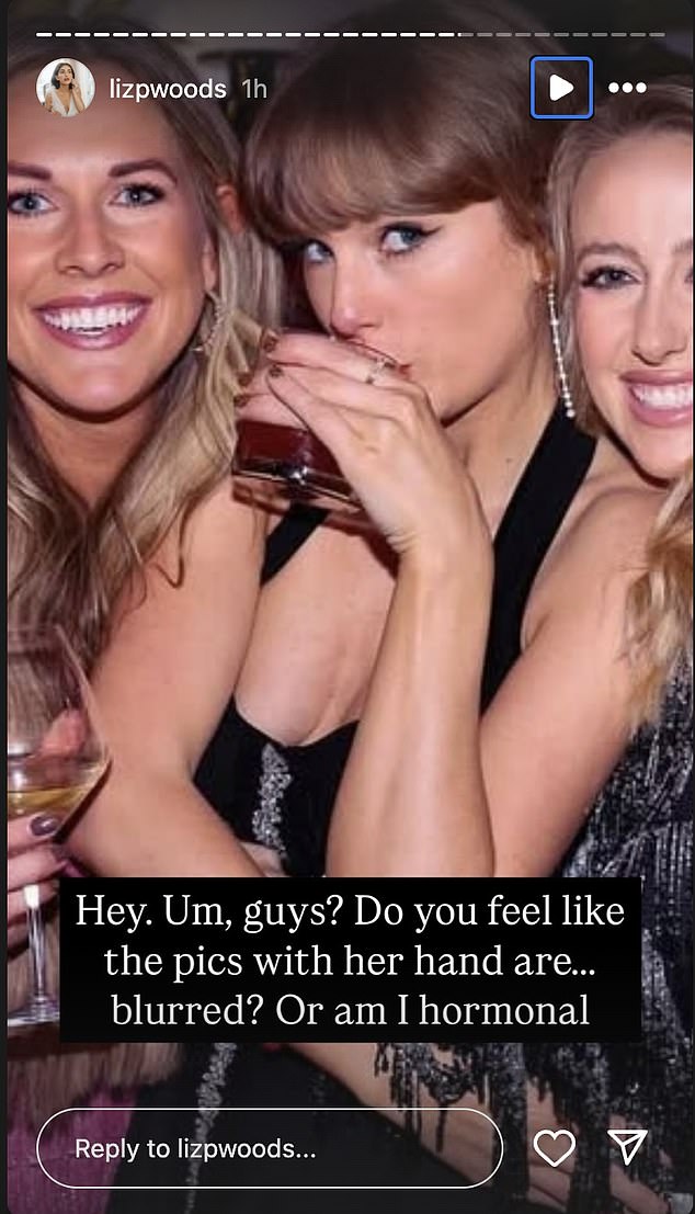 After closely examining photos from the party, one fan, who goes by @lizpwoods on Instagram, noticed that Swift's left ring finger looked blurry where a ring would be.