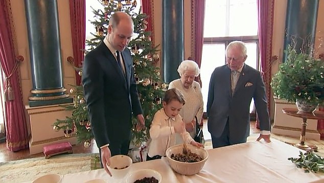 Four generations of the royal family seen here preparing Christmas pudding for armed forces veterans in 2019.