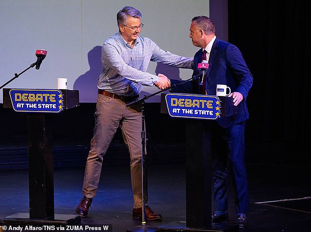 Outgoing Rep. John Duarte (left) shakes hands with Democrat Adam Gray before a debate in California's 13th Congressional District earlier this year