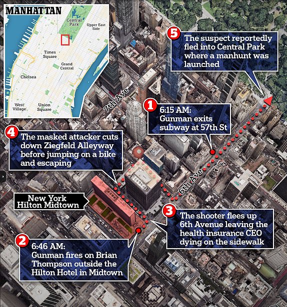 Revised Brian Thompson Murder Map Midtown Manhattan United Healthcare CEO Timeline Chart http://live-us.andweb.dmgt.net/news/article-14161297/brian-thompson-unitedhealthcare-ceo-marriage-secrets-revealed-wife.html