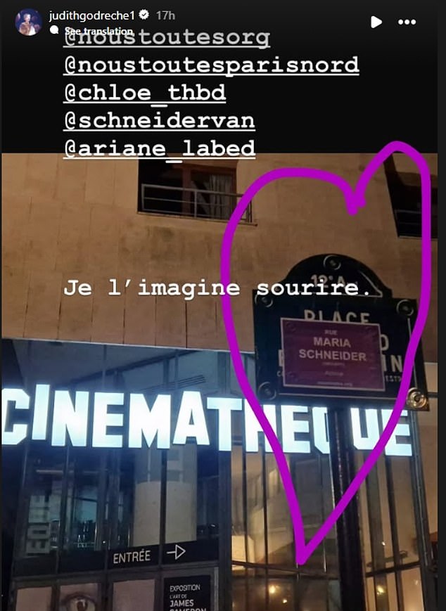 Actress Judith Godreche, a leading figure in France's #MeToo movement, posted an image on Instagram showing a sign placed over the name of the road where the Cinematheque is based, renaming it after Schneider in an act of protest.