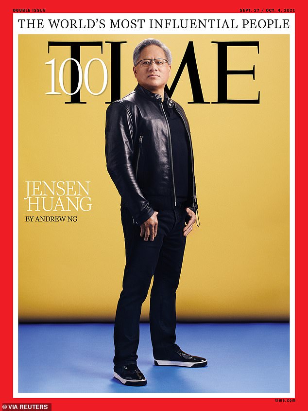 Nvidia was conceived in a Denny's restaurant in California by Huang and his two co-founders. The company has now become a leader in artificial intelligence technology. Pictured: Jensen Huang appears on the cover of Time magazine's September 2021 issue of the World's 100 Most Influential People.