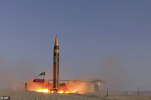 A Khorramshahr-4 missile is launched from a secret location in Iran on May 25, 2023