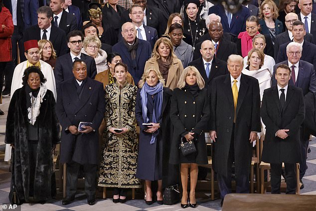 From left, Congo President Denis Sassou Nguesso and his wife Antoinette Sassou Nguesso, Ashley Biden, first lady Jill Biden, Brigitte Macron, US President-elect Donald Trump and French President Emmanuel Macron.