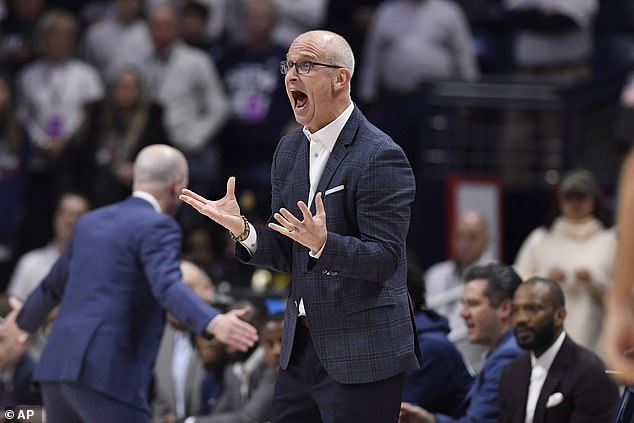 Connecticut Huskies head coach Dan Hurley reacts in the first half against Baylor on Wednesday.