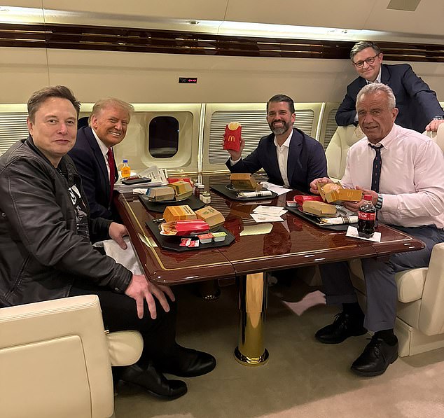 Trump with Don Jr., Elon Musk and HHS Secretary nominee Robert Kennedy Jr. who ate McDonald's last month in a photo his son shared on social media