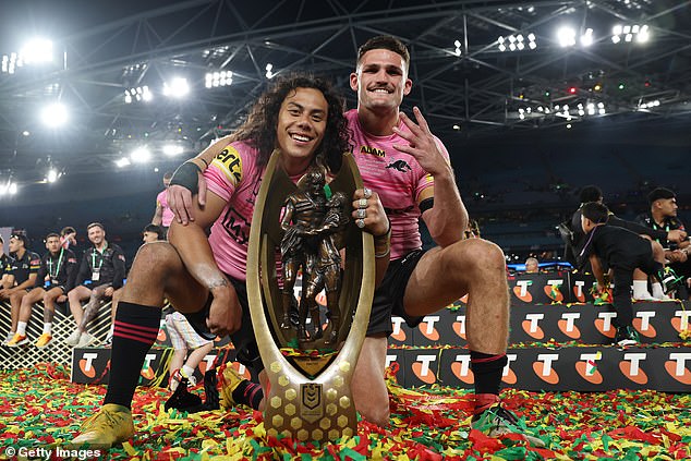 Luai and Cleary first played football together as teenagers in Penrith, before going on to dominate the NRL (pictured after winning the 2024 Grand Final).