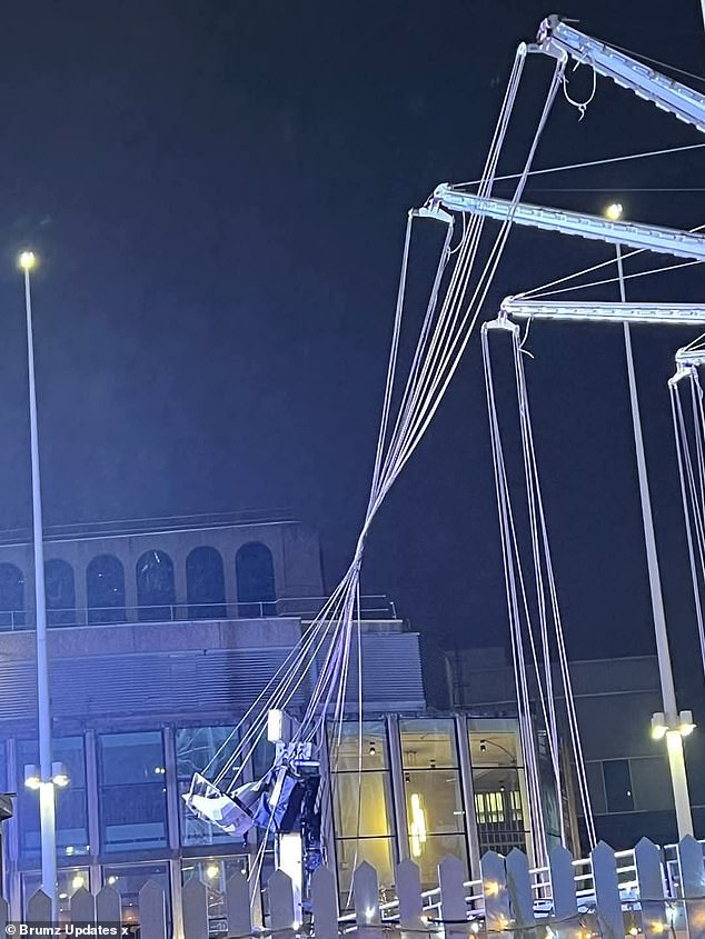 The Christmas fairground has been closed after a ride collapsed in Birmingham on Thursday night (pictured is part of the damaged ride)