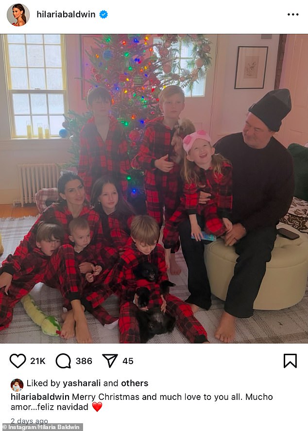 Hilaria, 40, took to Instagram to wish her followers a 'Merry Christmas' and shared a family photo on Christmas Day.