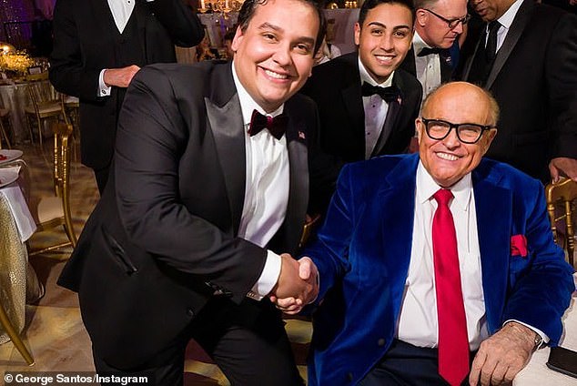 George Santos (left) attended Trump's 2020 Mar-a-Lago New Year's Eve party after losing his first congressional run. He was later elected in 2022. Santos and his then-fiancée posed for a photo with former New York City Mayor Rudy Giuliani