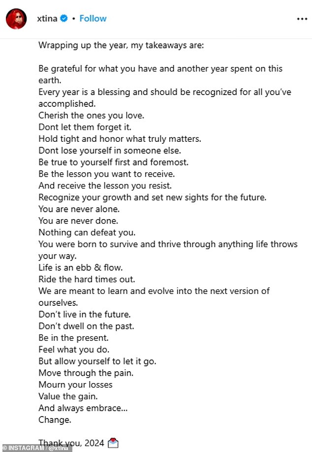 Ahead of Tuesday's post, Aguilera shared another reflective message with her fans on Monday as she looked back on the past 12 months.