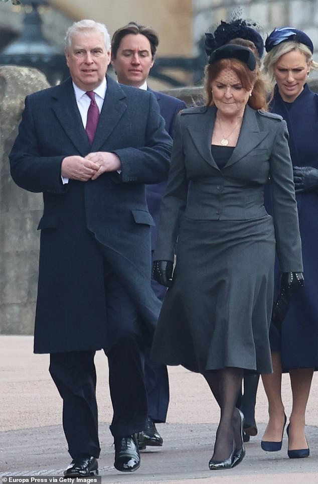 Sarah's post comes after King Charles is said to have cut off Prince Andrew's allowance (pictured, the Duke and Duchess of York arrive at the funeral of Constantine of Greece at Windsor Palace).