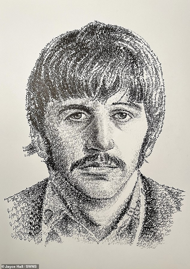 The artist can write the same word up to 10,000 times to create an image. Pictured: a portrait of Ringo Starr.