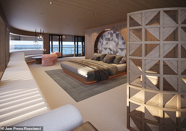 The owner's cabin (pictured) offers 180-degree views of the ocean around the bed.