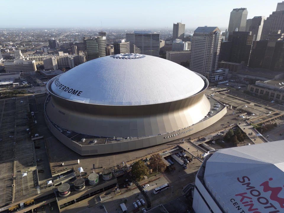 An aerial general view of the exterior of the Caesars Superdome, Sunday, Dec. 15, 2024, in New Orleans. (AP Photo/Tyler Kaufman)