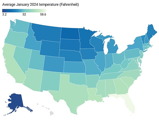 The map above shows the state-by-state temperature in January 2024. Many states had an average temperature below freezing.