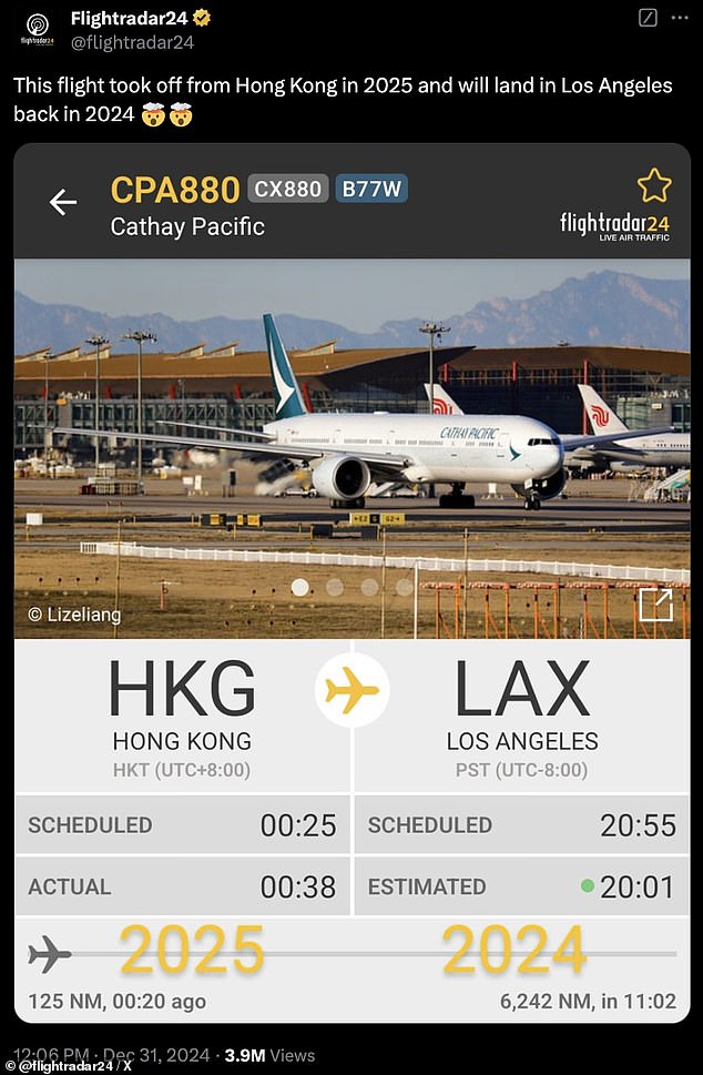 The flight took off from Hong Kong just after midnight on January 1, 2025. After crossing nine time zones and the international date line during the 14-hour journey, the flight was scheduled to land in LA on December 31, 2024 around 10 p.m. - just in time for another countdown to the new year