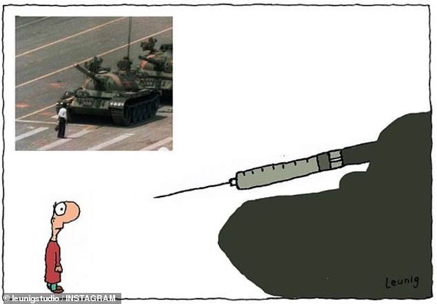 The cartoon that led to Leunig's firing showed a lone man standing in front of a loaded syringe, referencing the iconic image of a protester in front of a tank in Beijing's Tiananmen Square in 1989.