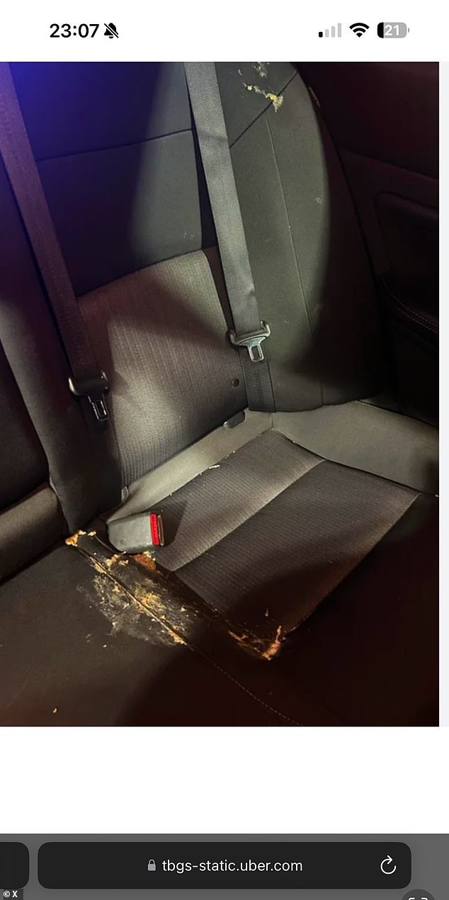 Image appears to show the photo of the vomit on the Uber account