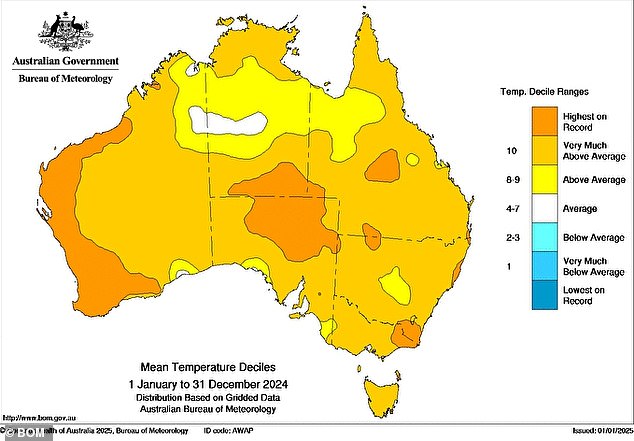 The highest temperature, 49.9 ° C, was recorded at Carnarvon Airport on February 18 (pictured, average temperatures in Australia for 2024)