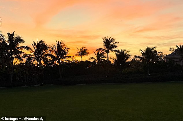 Tom uploaded a photo of the golf course surrounded by palm trees and a colorful sky at sunset.