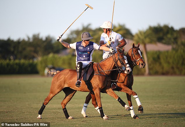 Prince Harry is shown playing polo at the event in Florida in April 2024.