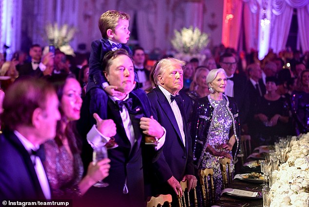 President-elect Donald Trump spent the night surrounded by members of the Musk family, including tech billionaire Elon and his toddler son X (third from left) and mother Maye (right)