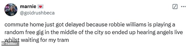 Fans in attendance quickly took to X, formerly Twitter, to share their experience, with one person writing: 'Just watched Robbie Williams perform live. Impressive artist