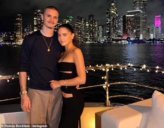 Meanwhile, Romeo Beckham looked completely smitten with his girlfriend Kim Turnbull as they enjoyed a boat cruise around the Port of Miami.