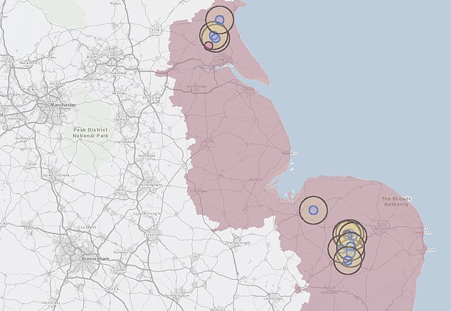 The blue rings on the map represent the 3 km protection zones and the yellow rings the 10 km surveillance zones. The burgundy shaded area represents a 