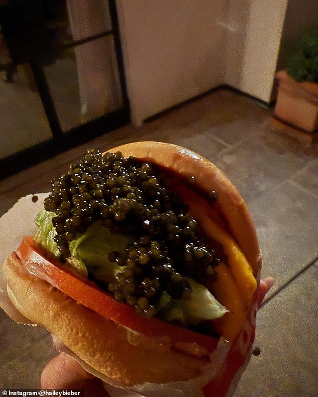 The family enjoyed the In-N-Out burgers, adding caviar on top, for a luxurious touch to the fast food.