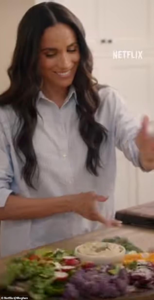 Meghan, 43, appears in her Montecito kitchen cooking during the trailer for the series coming to Netflix on January 15.