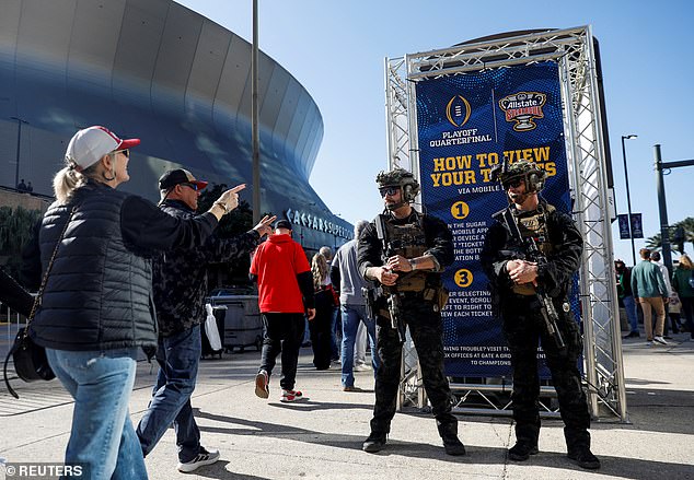 Security personnel stand guard outside Caesars Superdome ahead of the 2025 Sugar Bowl after the deadly truck attack in New Orleans.